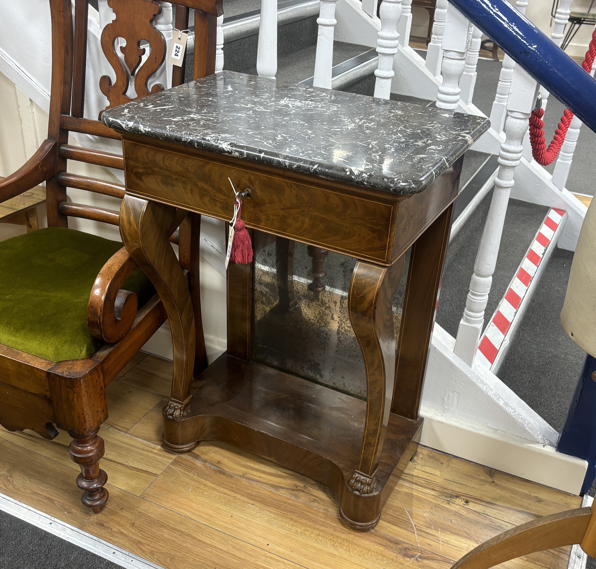 A Charles X inlaid mahogany mirrored marble top small console table, width 60cm, depth 42cm, height 84cm